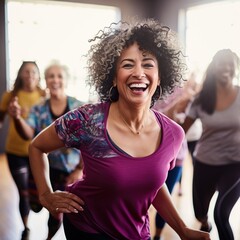 Middle-aged women enjoying a joyful dance class, candidly expressing their active lifestyle through...