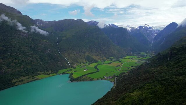 Aerial view above the impressive fjords and lakes of Oldevatnett Norway during the summertime
