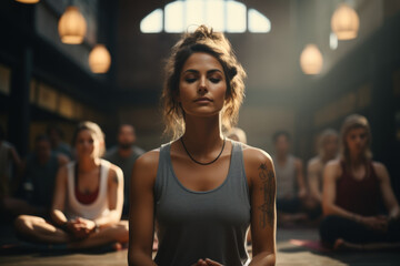 A yoga class focusing on stress reduction to combat hair loss, exploring the concept of holistic well-being. Generative Ai. - 683543903