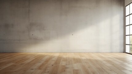 Empty room with wooden floor and light gray concrete wall, empty modern interior background