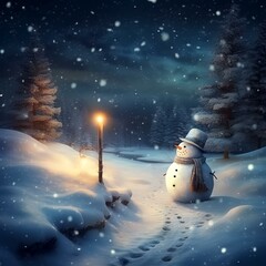 Snowman in Winter Christmas Landscape