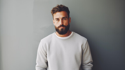 Obraz premium Man poses near a light wall in a gray sweatshirt. Gestures. Emotion. Casual wear. Studio model at work. Space for text and logo. Generated AI