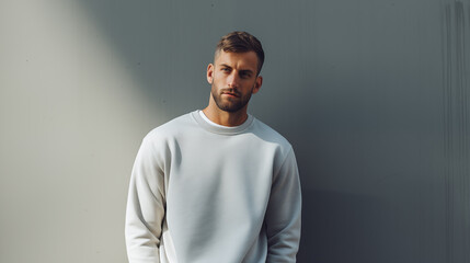 Man poses near a light wall in a gray sweatshirt. Gestures. Emotion. Casual wear. Studio model at work. Space for text and logo. Generated AI