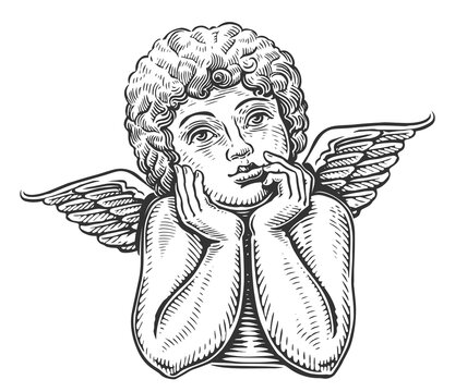 recommend clip art: Pensive cute angel child. Cute baby with wings. Hand drawn sketch vintage illustration