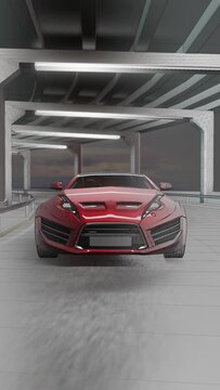 3D animation of a car moving through a tunnel. Unbranded concept car.