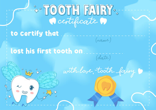 Cute Tooth fairy certificate. Sparkling tooth with wings, crown and magic wand on blue background with stars, and wax stamp. Can be used for kids first tooth lost. Can be sized as a4 letter.