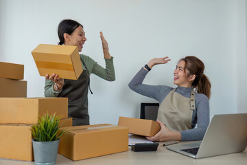 Two Asian entrepreneur women take order and check boxes of products according to customer orders in preparation for delivery.