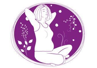 Two color vector illustrated pregnant woman in sitting pose on a white background with purple circles