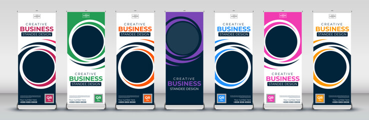 abstract Trend Business Roll Up Banner Stand Poster set in red, green, blue, yellow, orange, purple, pink for presentations, meetings, annual events - obrazy, fototapety, plakaty