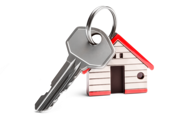 House keys with house shaped keychain isolated on transparent background, png