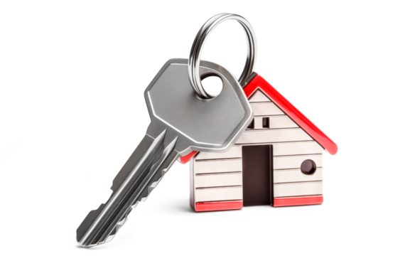 House keys with house shaped keychain isolated on transparent background, png