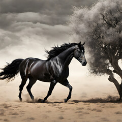Black horse running gallop in the desert with trees and cloudy sky