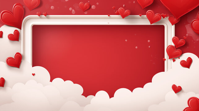 Card template. Message frame with clouds and red hearts backgrounds.