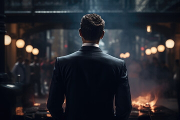 Photo of man in suit facing back in dark and light atmosphere - obrazy, fototapety, plakaty