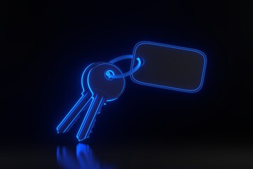 Door keys with steel keyring and blank label for text or number with bright glowing futuristic blue neon lights on black background. 3D render illustration