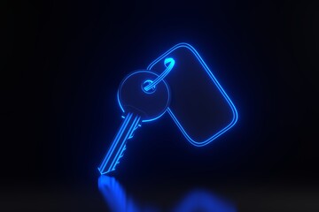 Door key with steel keyring and blank label for text or number with bright glowing futuristic blue neon lights on black background. 3D render illustration