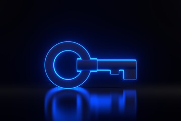 Chest key with bright glowing futuristic blue neon lights on black background. 3D render illustration