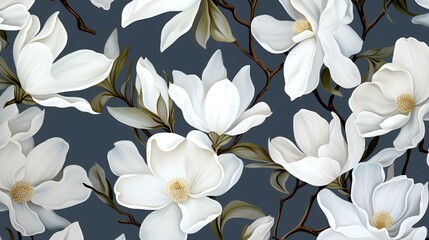 Fototapeta na wymiar Seamless pattern with white magnolia flowers on a gray background.