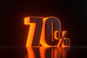 Seventy percent sign with bright glowing futuristic orange neon lights on black background. 70% discount on sale. 3D render illustration