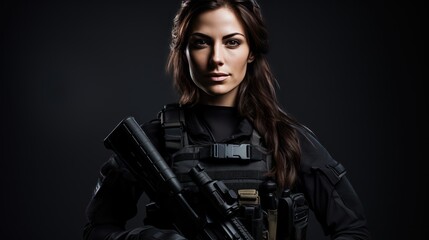 A Beautiful female special agent commando smiling in operational gear and weapons. - obrazy, fototapety, plakaty