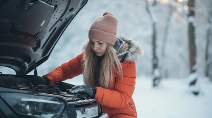A young woman repairs a car in winter on the snow in the background. The foreground is a dead battery. - obrazy, fototapety, plakaty