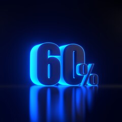 Sixty percent sign with bright glowing futuristic blue neon lights on black background. 60% discount on sale. 3D render illustration