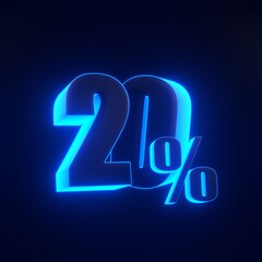 Twenty percent sign with bright glowing futuristic blue neon lights on black background. 20% discount on sale. 3D render illustration