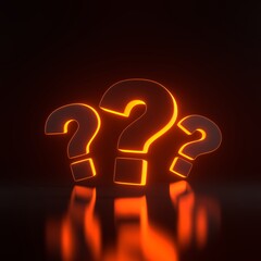 Group of question marks with bright glowing futuristic orange neon lights on black background. Minimal ideas concept. 3D render illustration