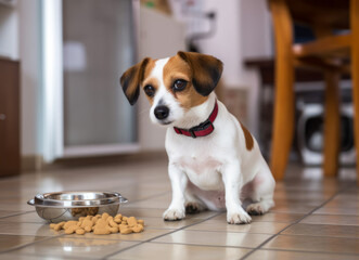 cute small jack Russell dog at home waiting to eat his food in a bowl.