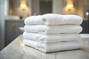 A stack of pristine white towels neatly arranged, illustrating the concept of cleanliness and luxury in hospitality. Generative Ai.