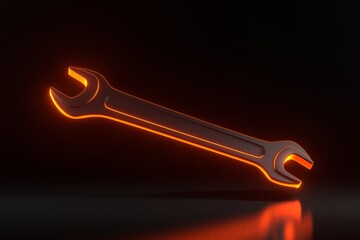 Wrench with bright glowing futuristic orange neon lights on black background. 3D render illustration
