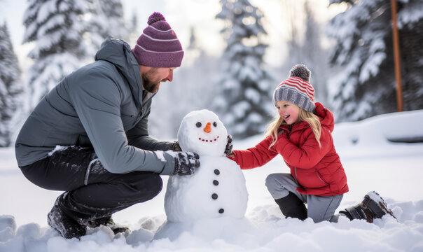 A family having fun in the snow building a snowman