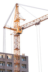 Construction of multi-storey buildings with tower cranes on a white isolated background.