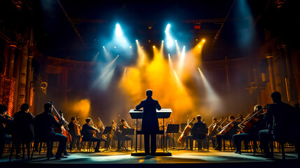 Man standing in front of keyboard on stage with orchestra behind him. - obrazy, fototapety, plakaty