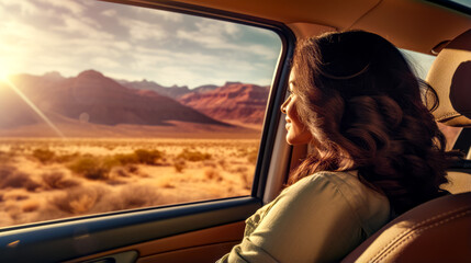 Woman sitting in the passenger seat of car looking out the window.