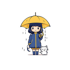 girl and little cat with umbrella