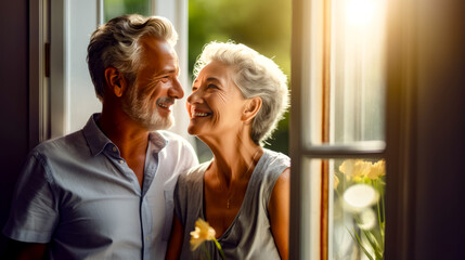 Fototapeta premium Man and woman are looking out of window at each other.
