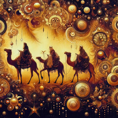 Fototapeta premium Abstract ornamental illustration of three wise men traveling to visit born Jesus in Bethlehem