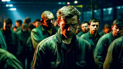 Obraz premium Group of men standing next to each other in front of crowd.