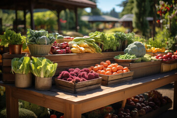 Farmers' market display featuring locally grown organic fruits, promoting sustainable agriculture and supporting local farmers. Generative Ai.