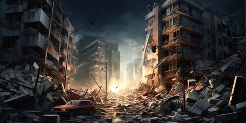 The city after strong earthquake, a sudden and violent shaking of the ground, sometimes causing great destruction, as a result of movements within the earth's crust or volcanic action - obrazy, fototapety, plakaty