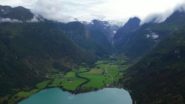 Aerial view above the impressive fjords and lakes of Oldevatnett Norway during the summertime