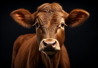 Realistic portrait of a cow on dark background. AI generated