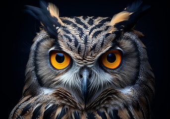 Realistic portrait of an owl on dark background. AI generated
