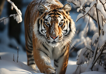 Fototapeta na wymiar Huge Siberian tiger in winter landscape with falling snow. AI generated