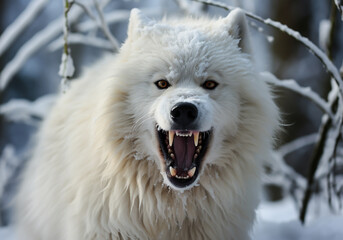 Obraz premium Fierce and angry arctic white wolf in winter landscape with falling snow. AI generated