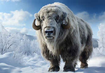 Arctic musk ox in winter landscape with falling snow. AI generated - obrazy, fototapety, plakaty