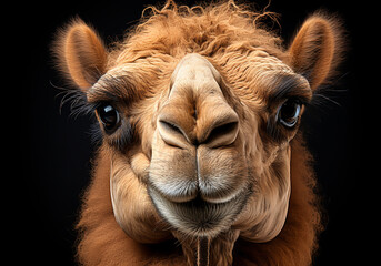 Realistic portrait of a camel on dark background. AI generated
