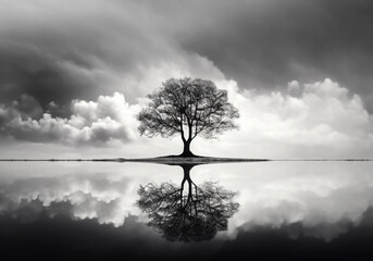 Landscape with black and white trees, atmospheric clouds, minimalist background. Ai generated