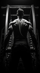 Fototapeta na wymiar A male athlete stands before gym equipment, his back muscles defined under the gym lights, exuding strength and preparation.